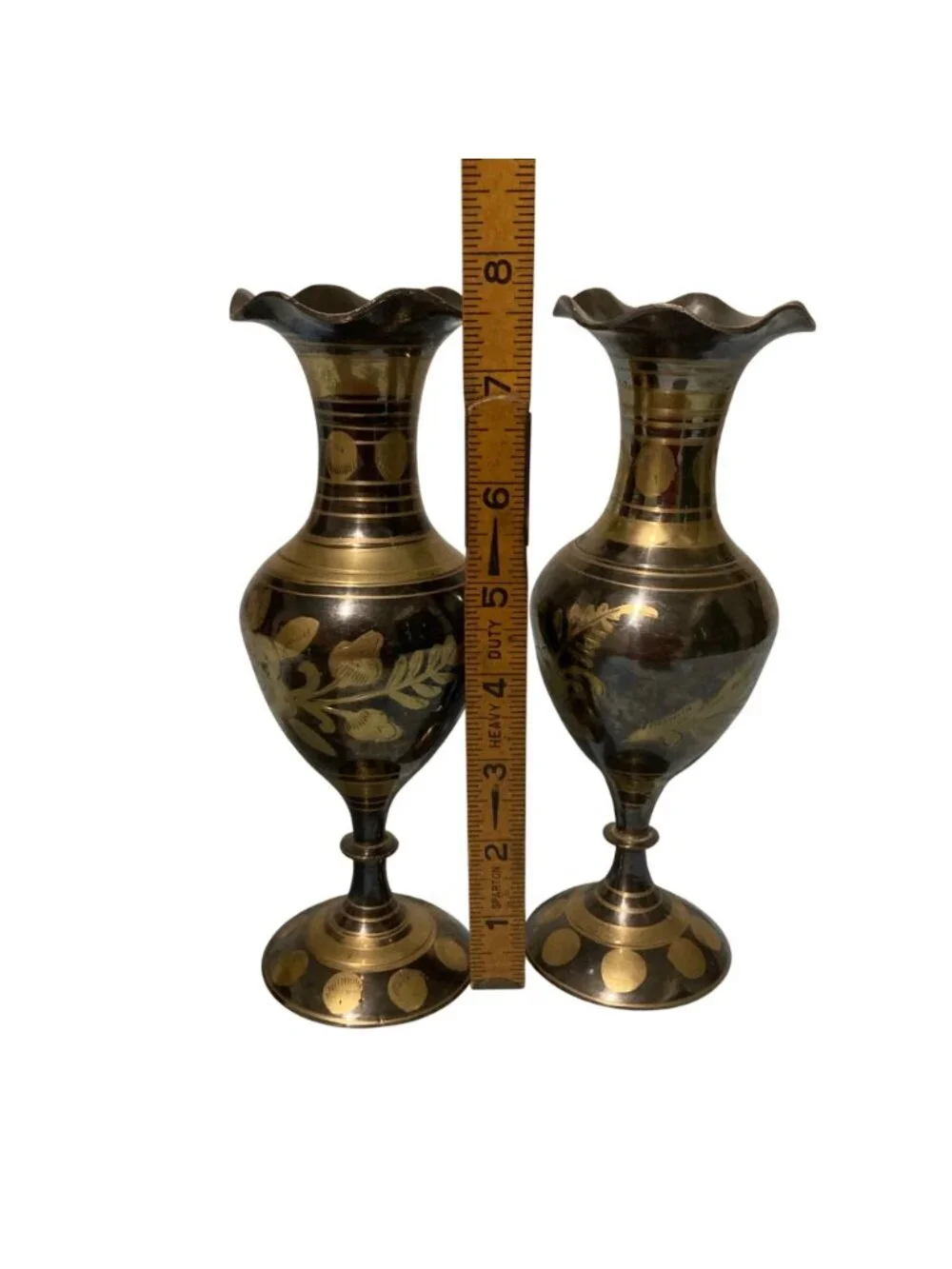 Vintage Handcrafted Brass Vases With Floral Etching Set Of Two Black & Gold